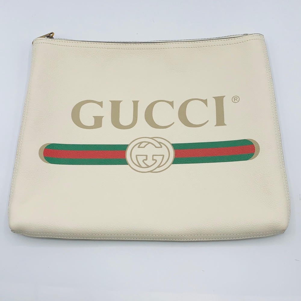 Auth GUCCI Logo Ivory Leather Portfolio Clutch Bag